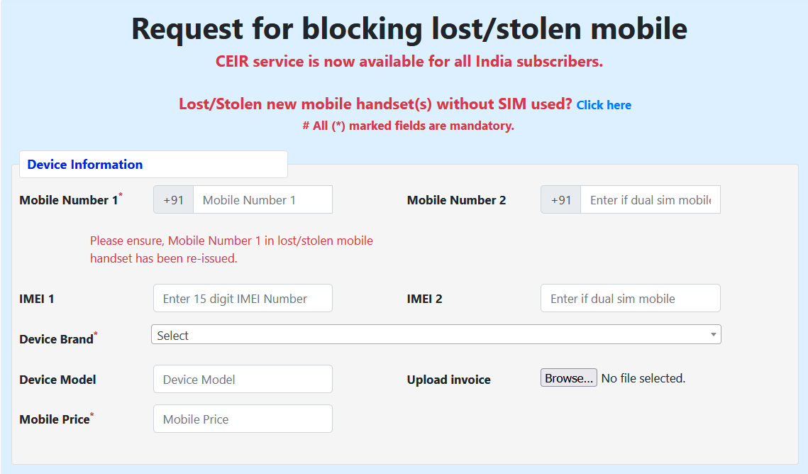 Device Information for Lost or Stolen Mobile Phone