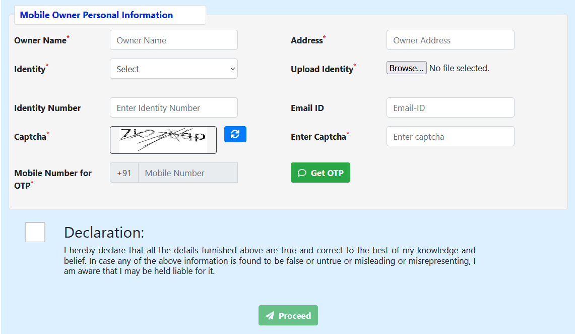Mobile Owner Personal Information and Declaration