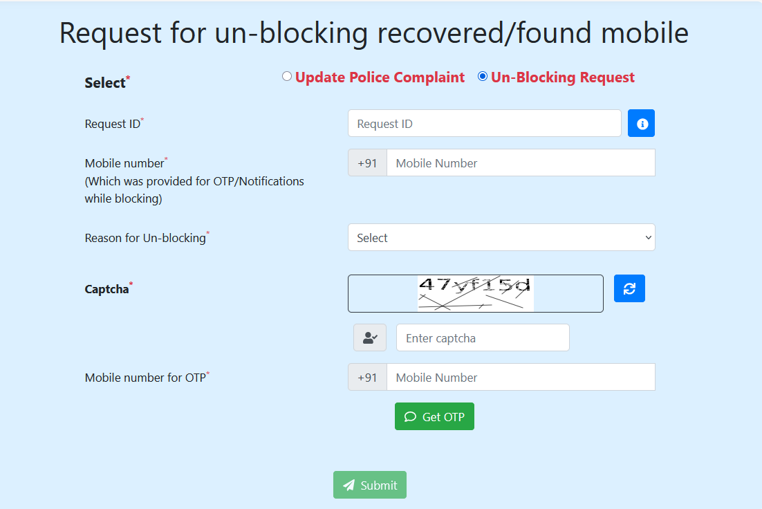 Request for unblocking lost mobile phone